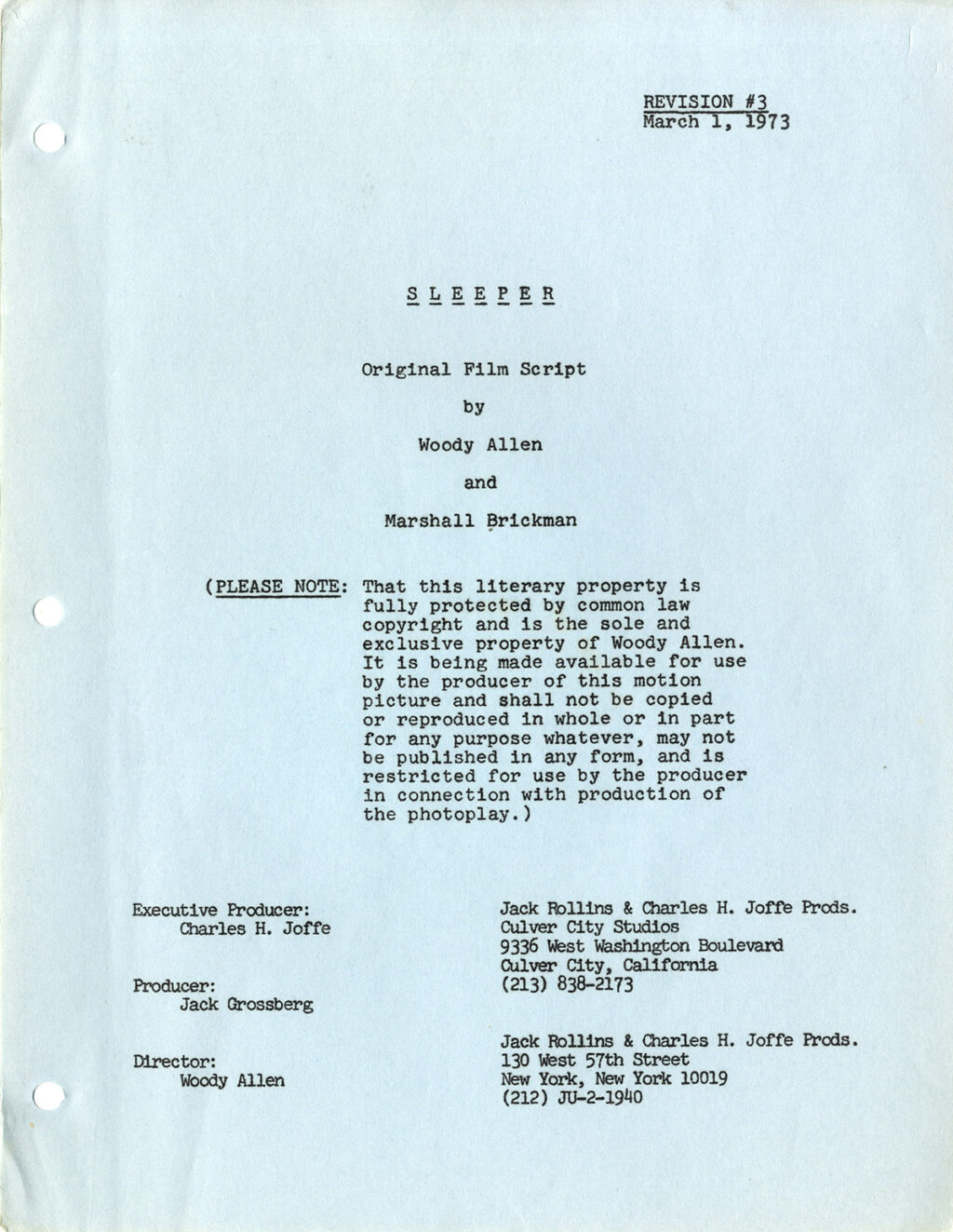 SLEEPER (1973) Revised film script by Woody Allen and Marshall Brickman REVISION #3 - Image 2