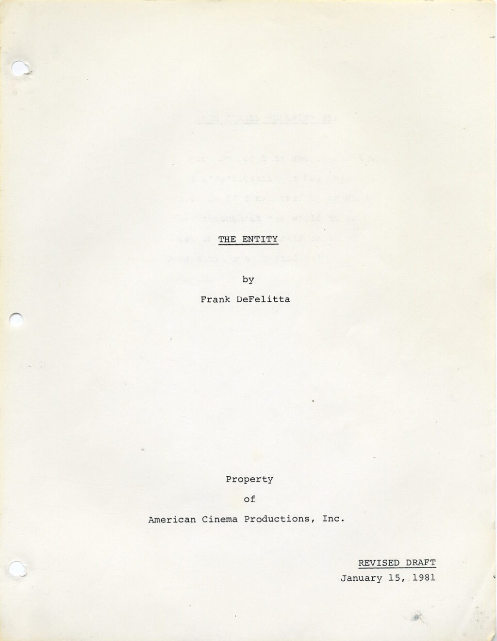 ENTITY, THE (1982) Revised Draft script + Shooting Schedule - Image 2