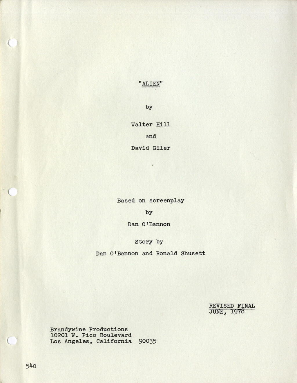ALIEN (Jun 1978) "Revised Final" Draft by Walter Hill and David Giler - Image 2