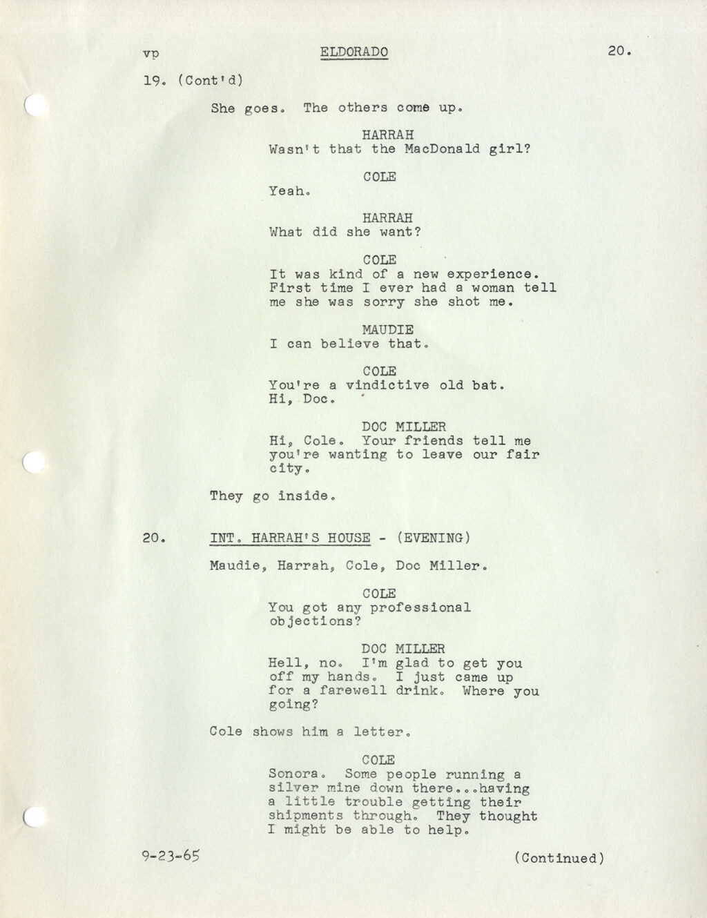 EL DORADO (under working title: ELDORADO] (Sep 23, 1965) Shooting script general distribution by Leigh Brackett - Image 3