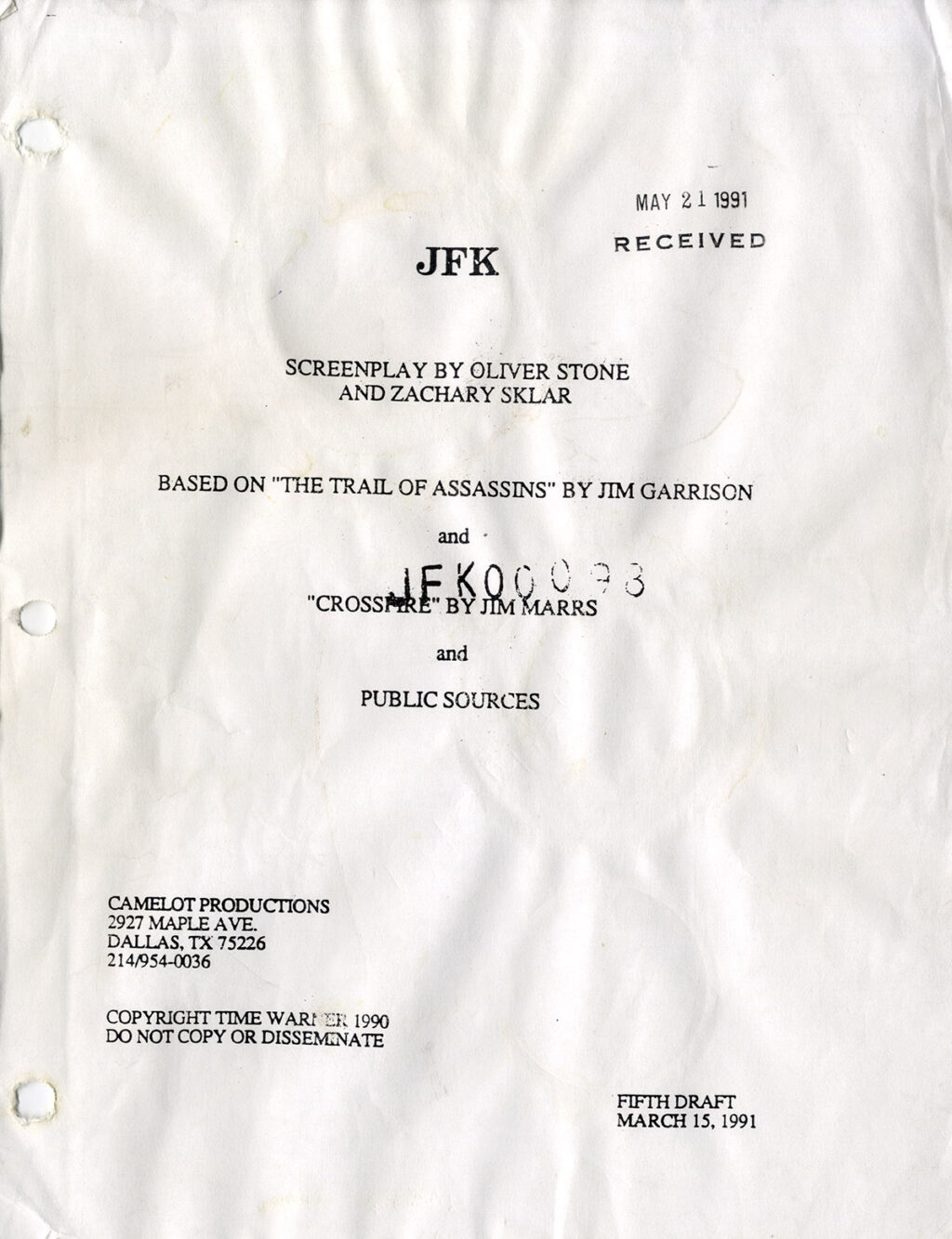 JFK (Mar 15, 1991) Fifth Draft script by Oliver Stone and Zachary Sklar