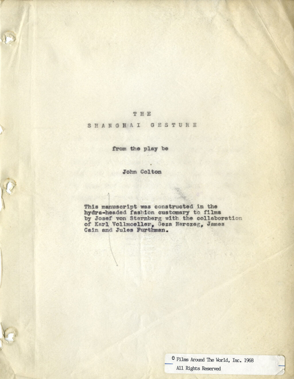 SHANGHAI GESTURE, THE (1941) Film script adapted from the play by John Colton