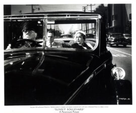SUNSET BOULEVARD (1950) Photo ft. Von Stroheim, Holden, Swanson in car