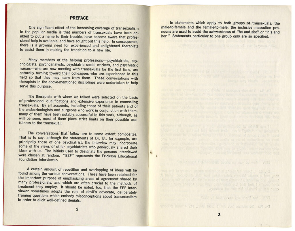 [Reed Erickson] COUNSELING THE TRANSEXUAL: FIVE CONVERSATIONS WITH PROFESSIONALS IN TRANSEXUAL THERAPY [1973] Book/pamphlet - Image 2