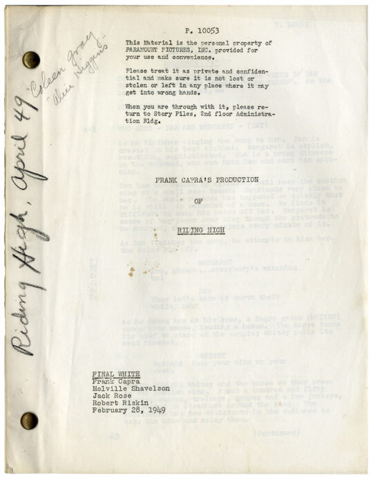 Frank Capra (director), Bing Crosby (actor) RIDING HIGH (Feb 28, 1949) Final White script
