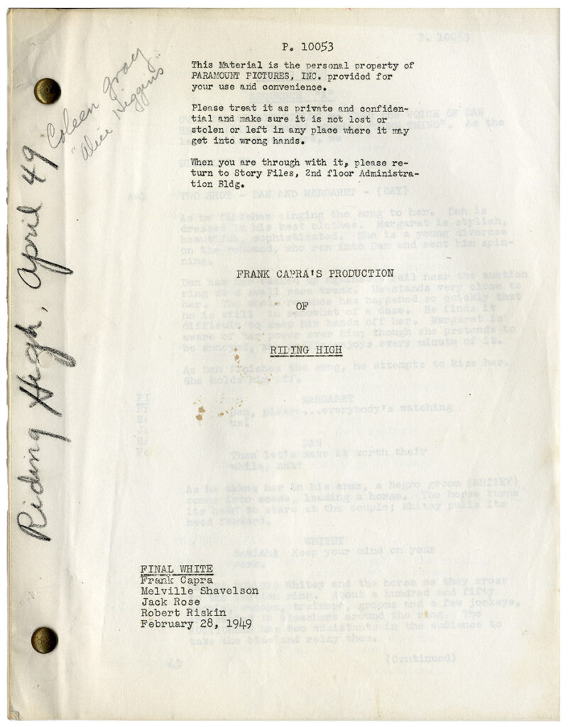 Frank Capra (director), Bing Crosby (actor) RIDING HIGH (Feb 28, 1949) Final White script