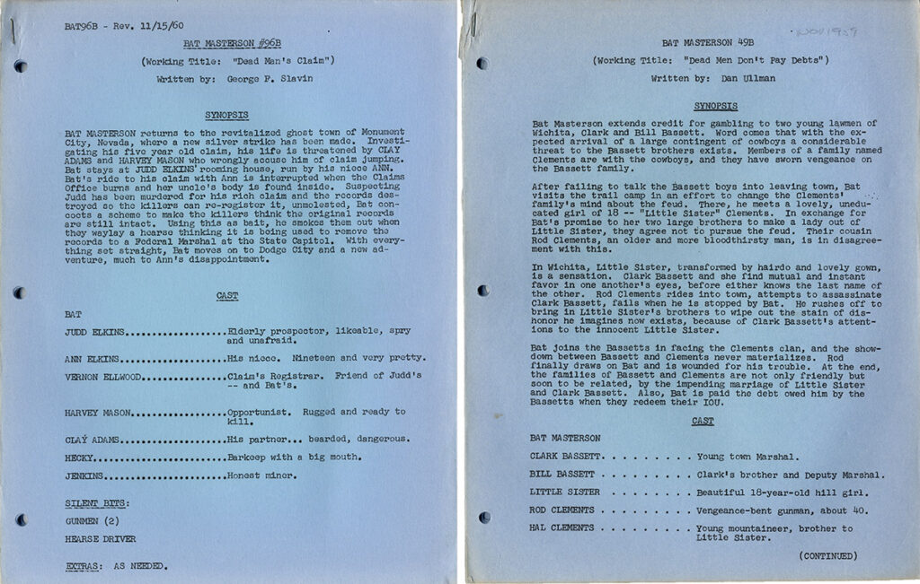 BAT MASTERSON [ca. 1959-60] Set of 10 TV scripts