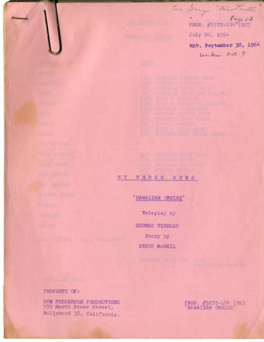MY THREE SONS - "Hawaiian Cruise" (Sep 30, 1964) Revised TV script