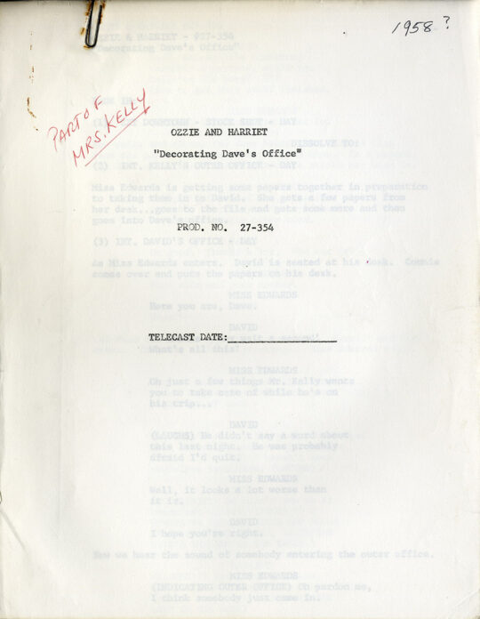 ADVENTURES OF OZZIE AND HARRIET, THE - "Decorating Dave's Office" [1963] TV script