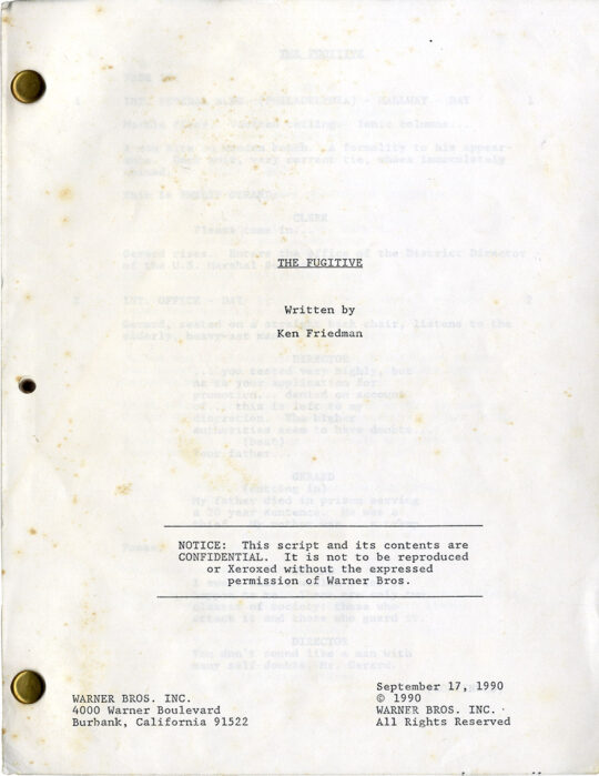 Andrew Davis (director) THE FUGITIVE (Sep 17, 1990) Film script