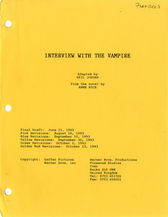 Anne Rice (source), Neil Jordan (director) INTERVIEW WITH THE VAMPIRE (Jun 21, 1993) Final draft film script