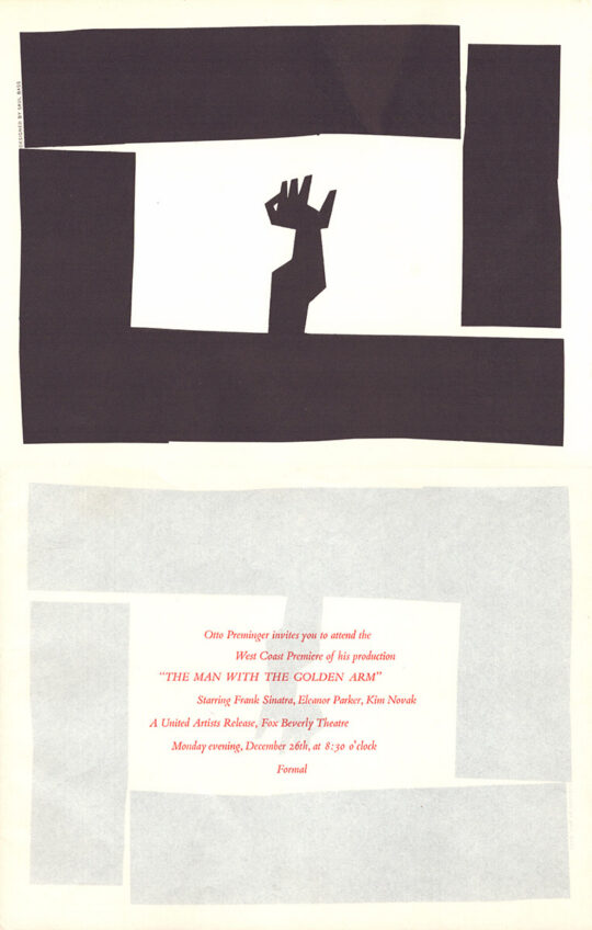 SAUL BASS | THE MAN WITH THE GOLDEN ARM (Dec 26, 1955) Film premiere invitation
